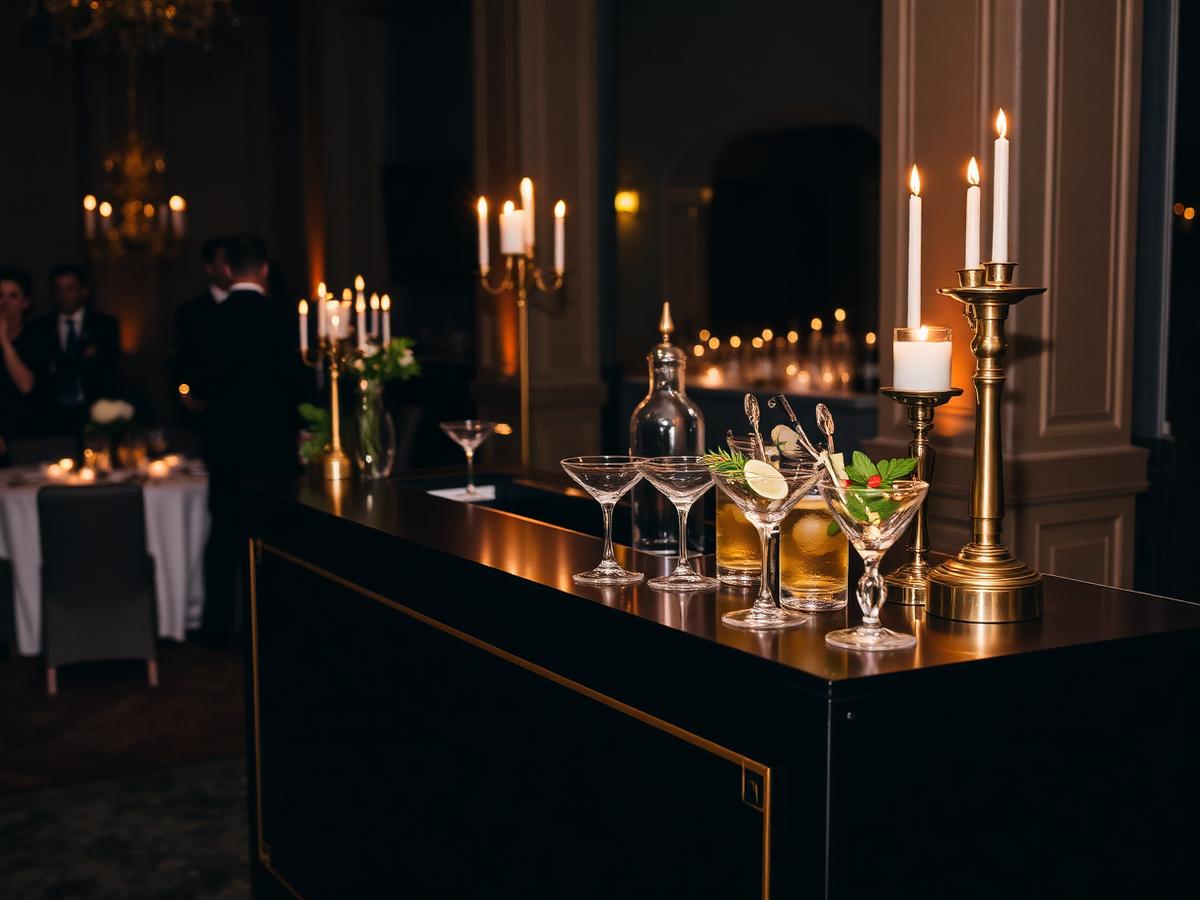 Luxury matte black portable bar with gold accents and glassware