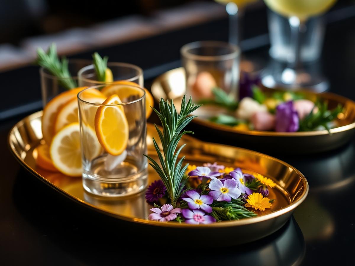 Detail shot of fresh garnishes on gold trays