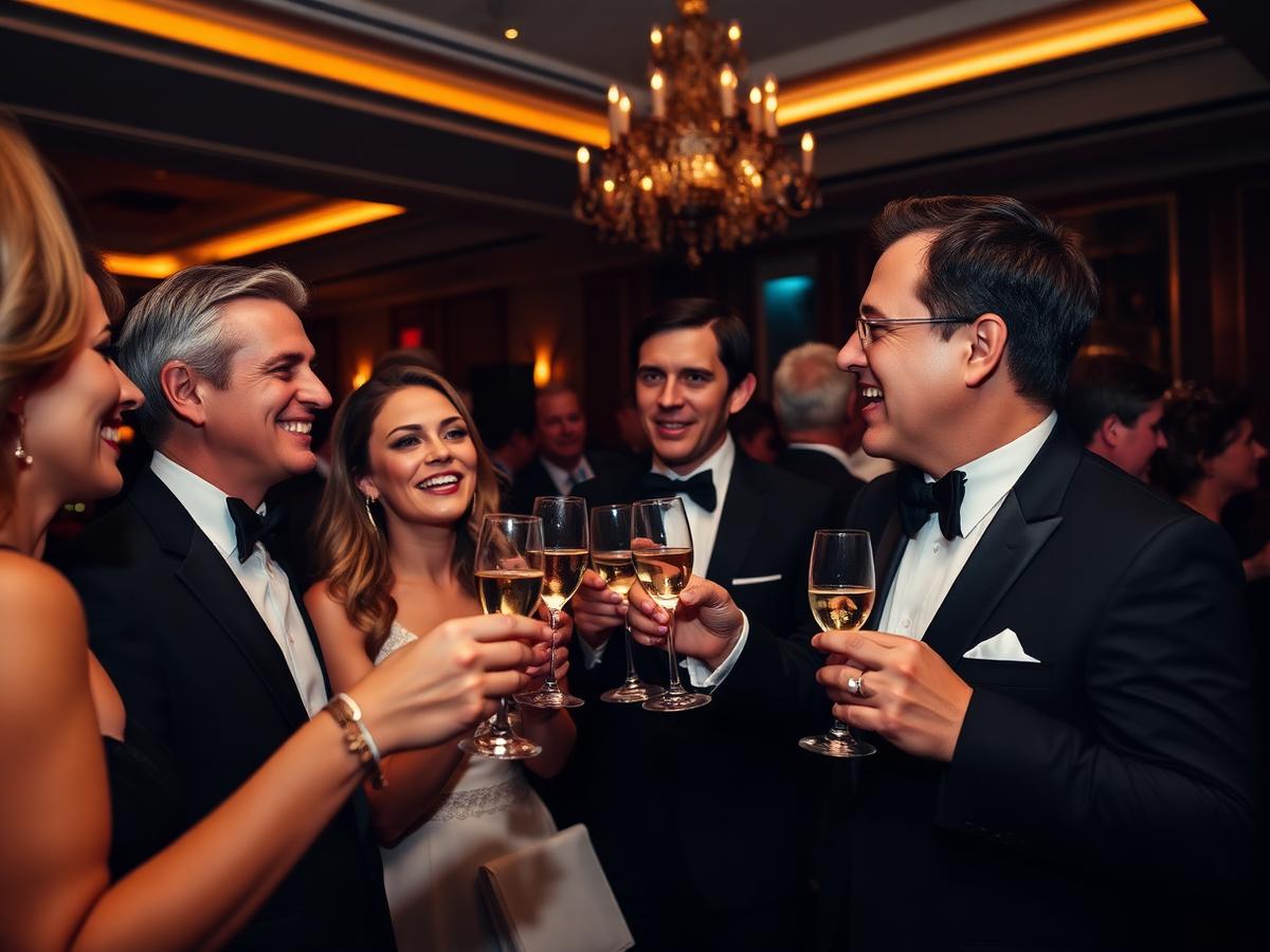 Guests laughing and toasting champagne at an elegant reception