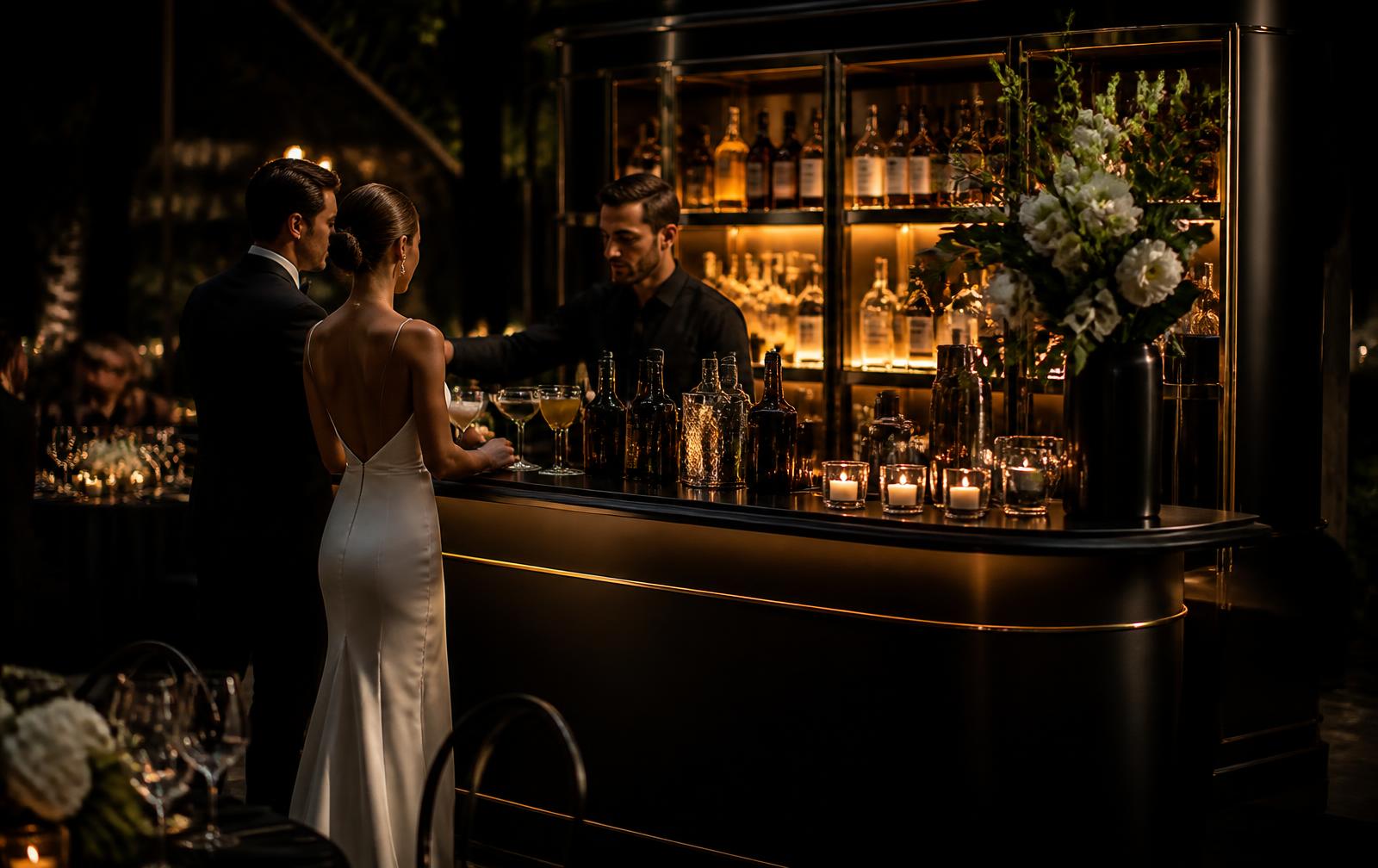 Elegant candlelit mobile bar at a luxury wedding reception